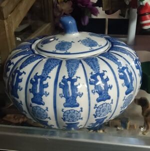 Vintage Blue and White Ceramic Decorative Jar